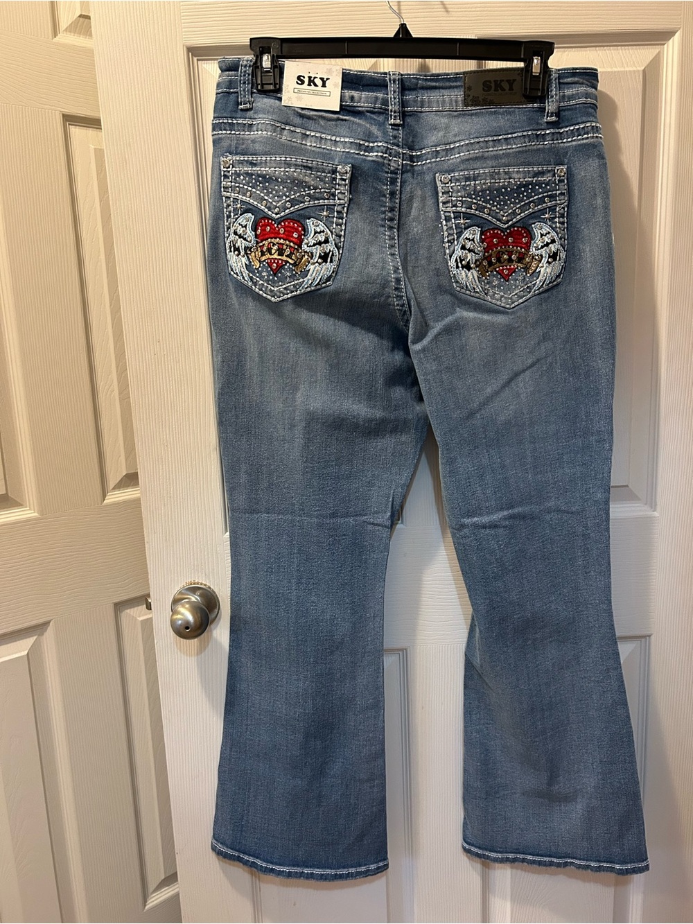 SKY Size 16 Junior Plus Light Blue Embellished Women's Jeans W/Heart Patch Bling